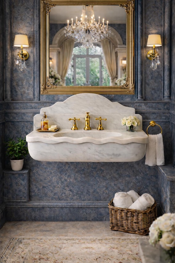 Carrara Marble Wall Mounted Sink – Wave Front Luxury Stone Bathroom Basin, handcrafted from a single solid block of natural stone