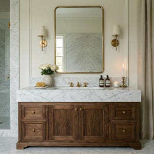 Single Block Carrara White Marble Vanity – One Piece Hand Carved Luxury Bathroom Sink with Solid Wood Cabinet for Bathroom Remodel