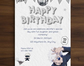 Modello di invito di compleanno ispirato a Jujutsu Kaisen – Invito Canva modificabile – Biglietto di auguri per festa di compleanno anime – Download immediato + adesivo bonus