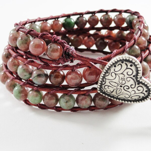 Garnet beaded leather wrap bracelet bohemian triple wrap boho chic bracelet heart jewelry