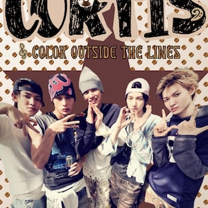May include: Image of a promotional poster with the word "CORTIS" in large, black, distressed font. The phrase "& COLOR OUTSIDE THE LINES" is below. Five young people are in the image, posing in front of a brown background with small brown circles.