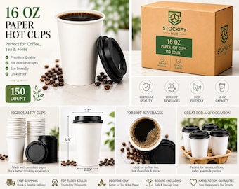 Stockify Hub Disposable Paper Cups, 16 oz, White, 150 Count