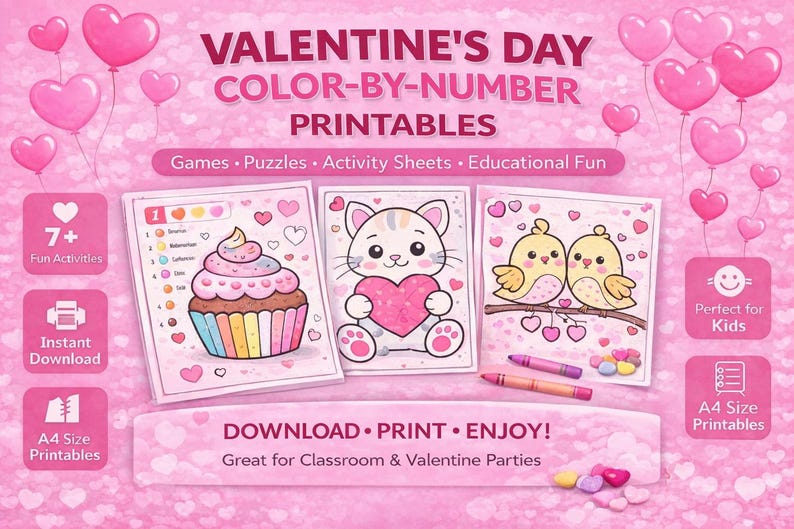 Valentines Day Color by Number Printables Math Games Digital Download ...
