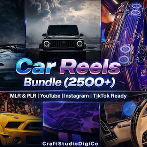 Może przedstawiać: Obraz promocyjny pakietu produktów cyfrowych o tematyce samochodowej. Obraz przedstawia różne luksusowe samochody, w tym srebrny samochód sportowy, czarny SUV i żółty samochód sportowy. Nakładka tekstowa brzmi "Car Reels Bundle (2500+)".