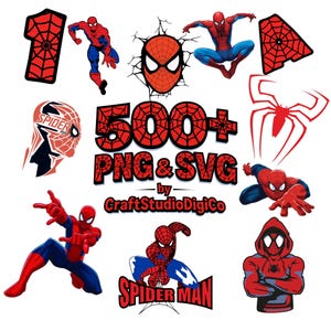May include: A collection of Spider-Man themed graphics. The image includes various illustrations of Spider-Man in action poses, along with spider web designs and the text "500+ PNG & SVG" and "Spider-Man".