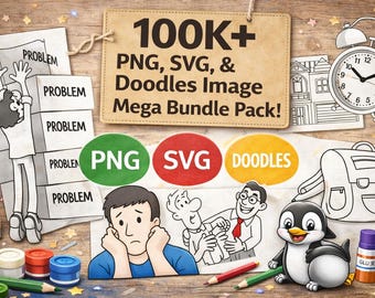 100K+ PNG, SVG und Doodles Mega Bundle | Kommerzielle Nutzung | Clipart & Line Art Paket