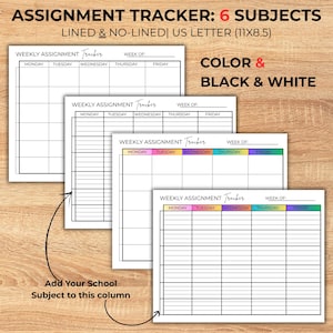 Könnte beinhalten: Ein Stapel Aufgaben-Tracker mit dem Text "Assignment Tracker: 6 Subjects" und "Lined & No-lined US Letter (27,9x21,6cm)". Die Tracker sind weiß mit schwarzen Linien und farbigen Überschriften für jeden Wochentag. Der Text "Color & Black & White" ist ebenfalls sichtbar.