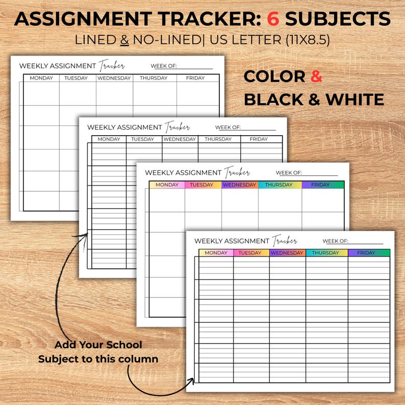 Weekly Assignment Tracker Printable Student Planner Worksheet Digital ...