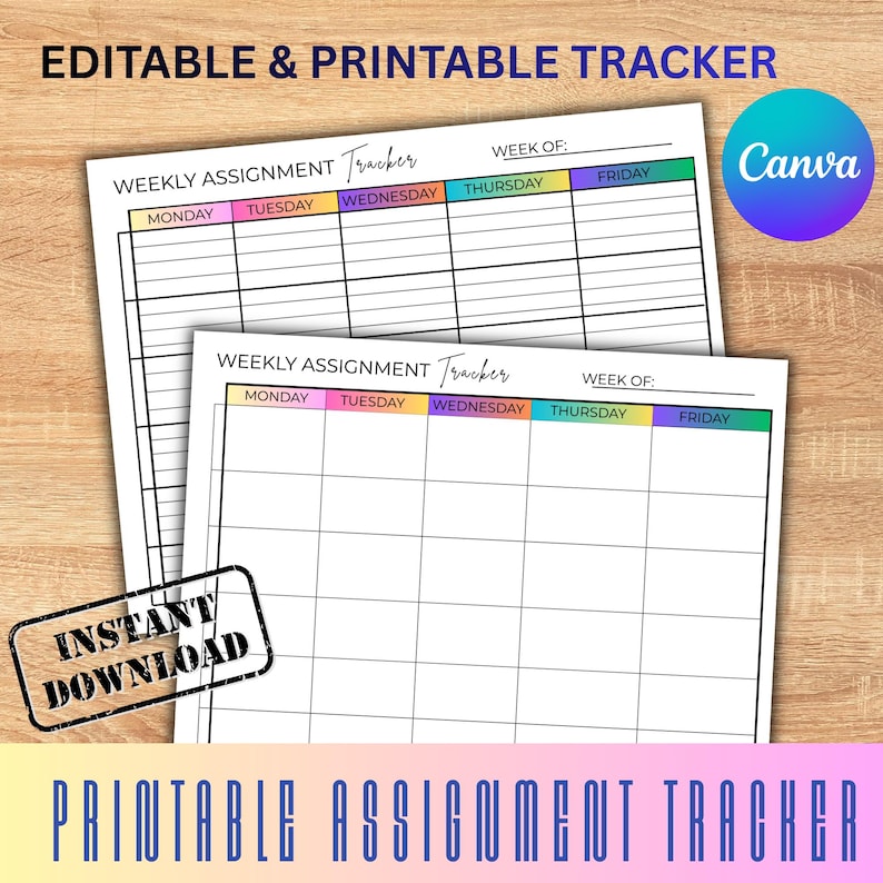 Weekly Assignment Tracker Printable Student Planner Worksheet Digital ...