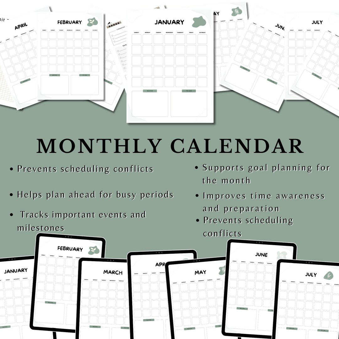 Monthly Calendar Printable Undated Planner Pages PDF Minimal Layout ...