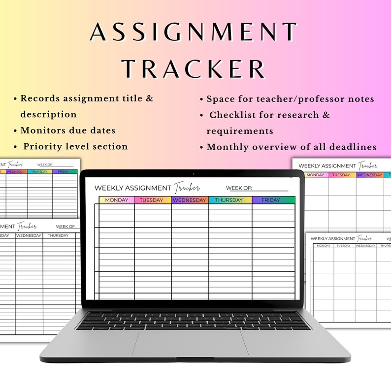 Weekly Assignment Tracker Printable Student Planner Worksheet Digital ...