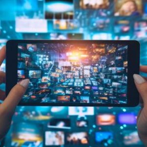Op de afbeelding: Een zwarte tablet met een collage van afbeeldingen, gehouden tegen een achtergrond van talrijke schermen met diverse inhoud. De scène wordt verlicht met blauwe en oranje tinten, wat duidt op digitale media of streaming.
