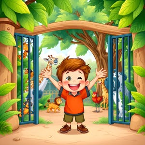 May include: A cartoon illustration of a young boy with his arms raised, smiling in front of a zoo entrance. The scene includes various cartoon animals like giraffes, a lion, and a cow, with lush green foliage surrounding the entrance.
