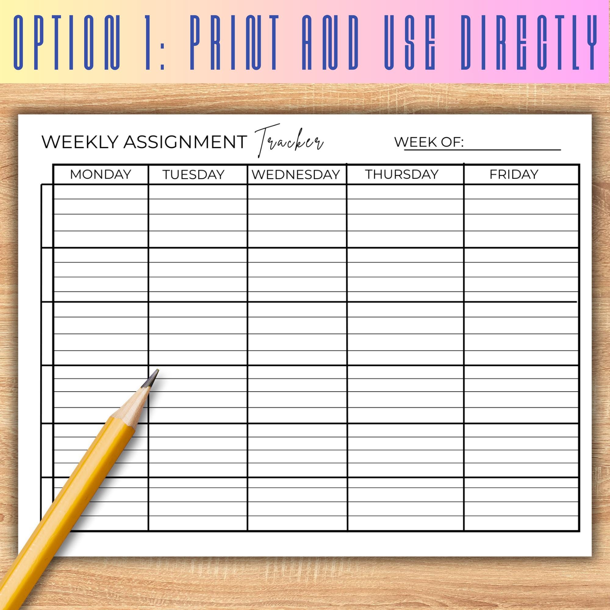 Weekly Assignment Tracker Printable Student Planner Worksheet Digital ...