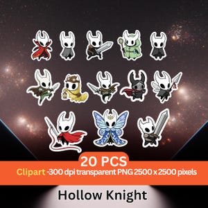 Puede incluir: Una colección de 20 imágenes prediseñadas de personajes de Hollow Knight. Cada personaje es una figura blanca con una forma de cabeza distintiva, algunos sosteniendo armas o usando capas. También está presente el texto "20 PCS" y "Hollow Knight".