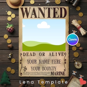 May include: A "Wanted" poster template with a blue sky and green hills background. The poster includes text fields for a name and bounty, with "Dead or Alive?" at the top. Decorative elements include coins, a compass, and a pirate theme.