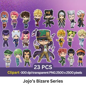 May include: A collection of 23 chibi-style character stickers from the "JoJo's Bizarre Series" anime. The stickers feature various characters in detailed outfits, with vibrant colors and dynamic poses. The image includes text that reads "23 PCS" and "Clipart -300 dpi transparent PNG 2500 x 2500 pixels".