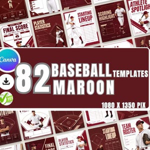 Op de afbeelding: Een verzameling van 82 kastanjebruine honkbal-sjablonen met diverse lay-outs voor spelersstatistieken, opstellingen en wedstrijdhoogtepunten. De digitale afbeeldingen bevatten honkbal-illustraties en tekst, met een formaat van 1080 x 1350 pixels.
