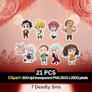 Puede incluir: Un conjunto de 21 imágenes prediseñadas de personajes de estilo chibi de la serie de anime "7 Deadly Sins". Cada personaje se representa con un atuendo único y colores vibrantes. La imagen incluye texto que indica que el clipart es un archivo PNG transparente.