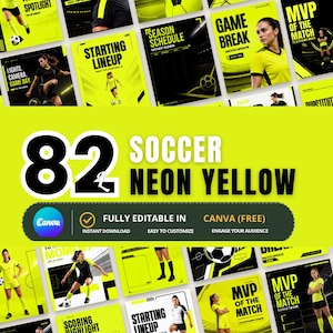 Puede incluir: Una colección de 82 plantillas para redes sociales con temática de fútbol en colores amarillo neón y negro. Los diseños incluyen textos como MVP OF THE MATCH, STARTING LINEUP y GAME BREAK, mostrando varias fotos de acción de futbolistas.