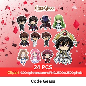 May include: A collection of 24 chibi-style Code Geass character stickers on a red background. The stickers feature various characters with detailed outfits and expressions. The image includes the Code Geass logo and text indicating the clipart is 2500 x 2500 pixels.
