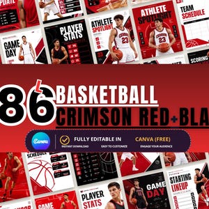 Op de afbeelding: Een verzameling van 86 basketbal-thema social media sjablonen met een karmozijnrood en zwart kleurenschema. De ontwerpen bevatten tekstelementen zoals Athlete Spotlight, Player Stats, Game Day en Starting Lineup voor sportpromotie.