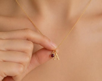Personalized Initial Necklace with Birthstone Charm – 18K Gold Plated Stainless Steel Dainty Letter Pendant
