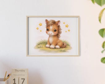 Cute Watercolor Pony Poster | Nursery Wall Art Baby Room Decor | Baby Gift Newborn | Animal Wall Art Kids Room Decor