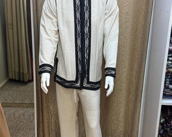 Off-White Moroccan Men Linen Jabador, Handmade Embroidered Wedding Outifit