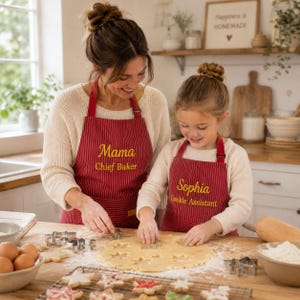 Könnte beinhalten: Zwei Personen tragen rot-weiß gestreifte Schürzen mit goldenem Text, der "Mama Chief Baker" und "Sophia Cookie Assistant" lautet, und backen Kekse. Die Schürzen befinden sich auf einem Holztisch mit Ausstechern und einem Nudelholz. Ein Schild mit der Aufschrift "Happiness is Homemade" befindet sich im Hintergrund.