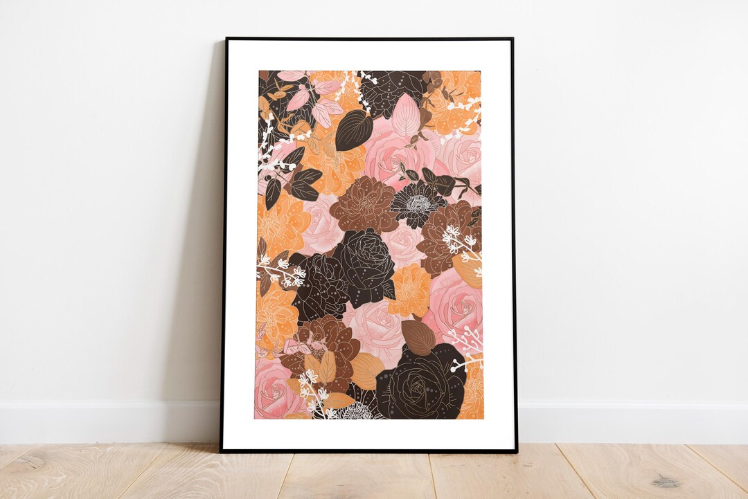 Aw Print Roses Floral Botanical Print – Pink Orange Roses, Leaves (A3 Digital Download ...