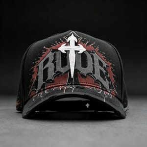 May include: Black baseball cap with a distressed brim. The cap features the word "RUDE" in a gothic font, a white cross, and red accents. The design has a grunge aesthetic.