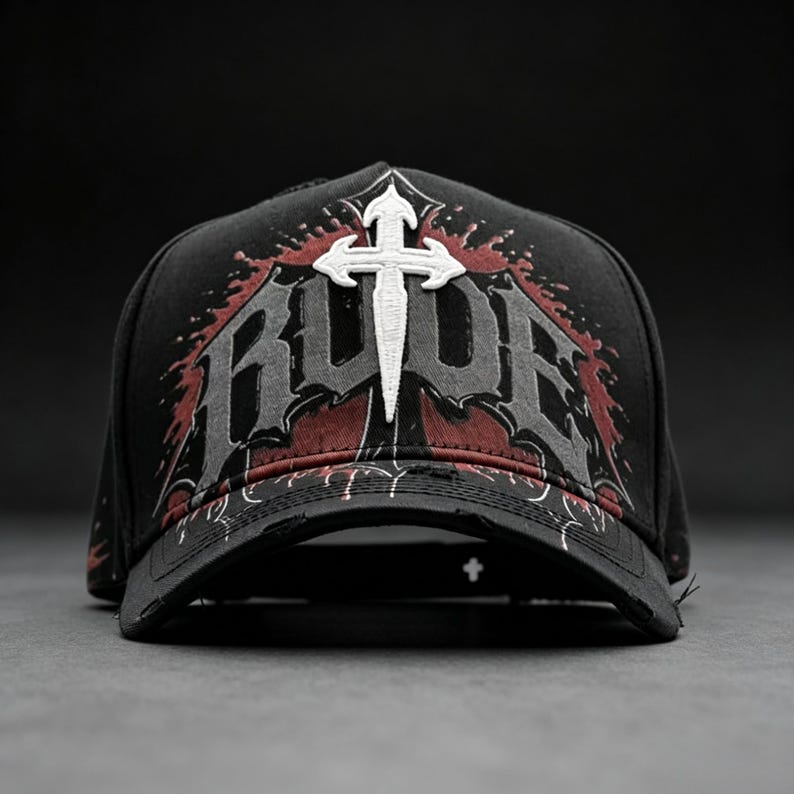 May include: Black baseball cap with a distressed brim. The cap features the word "RUDE" in a gothic font, a white cross, and red accents. The design has a grunge aesthetic.