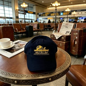 May include: A navy blue baseball cap featuring a gold embroidered graphic of a globe and a chair, with the text Aim&eacute; Leon Dore printed below. The cap has a structured crown and a curved brim, showcasing detailed stitching across the front panel.