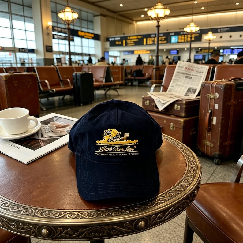 May include: A navy blue baseball cap featuring a gold embroidered graphic of a globe and a chair, with the text Aim&eacute; Leon Dore printed below. The cap has a structured crown and a curved brim, showcasing detailed stitching across the front panel.