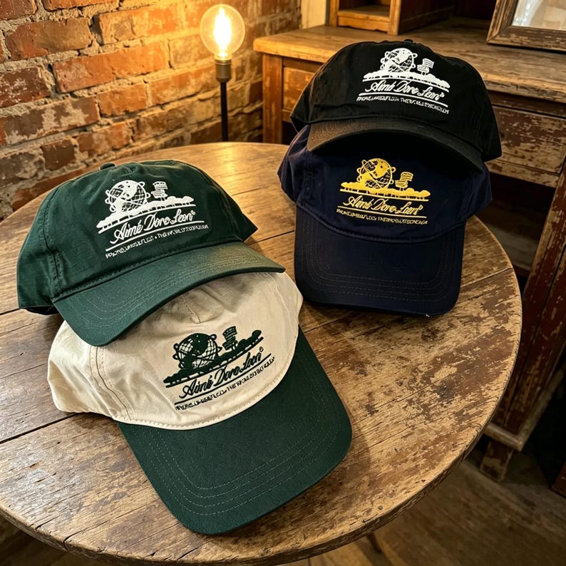 May include: A collection of three baseball caps featuring the Aim&eacute; Leon Dore logo and globe graphic. One cap is dark green, one is black with white embroidery, and one is navy blue with yellow embroidery. A cream cap with a dark green brim is included.
