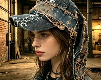 Wasteland Grunge Bunny Ear Baseball Cap, Distressed Frayed Denim Punk Chain Hat, Alternative Gothic Streetwear Aesthetic Hat Creative Gift