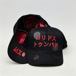 May include: Black baseball cap with red Japanese text and floral accents. The cap's interior is lined with red satin. The brim features red text and a small graphic. A stylish accessory for casual wear.