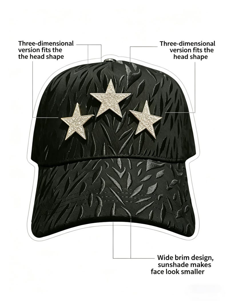 May include: Black baseball cap with a textured pattern and three star embellishments. The cap has a wide brim and text that reads "Three-dimensional version fits the head shape" and "Wide brim design, sunshade makes face look smaller."