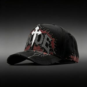 May include: Black baseball cap with a distressed design. The cap features the word "HYPE" in a white, stylized font, with a cross symbol above the "E". Red and gray accents add to the design.