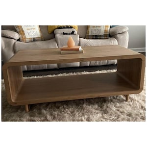 Handmade Modern Curved 48 Inch Coffee Table, 2 Tier Wooden Storage Shelf