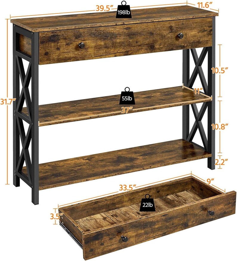 Rustic Console Table With Drawer and Storage Shelves, Farmhouse Hallway ...