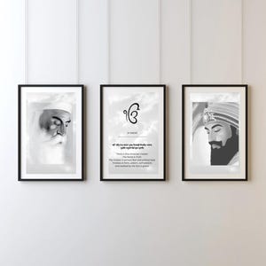 Könnte beinhalten: Drei gerahmte Schwarz-Weiß-Drucke hängen an einer weißen Wand. Die Drucke zeigen religiöse Figuren und Text. Der zentrale Druck zeigt ein Symbol und Text. Die anderen beiden Drucke zeigen Porträts religiöser Figuren.