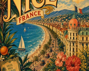 Digital print | Nice France Vintage Travel Poster Matte Vertical Poster | Beach Wall Art