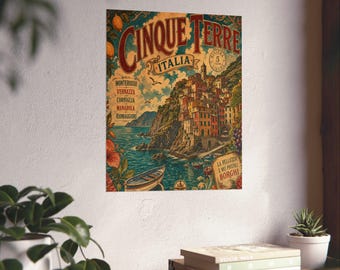 Cinque Terre Italia Vintage Travel Poster | Coastal Village Art Print