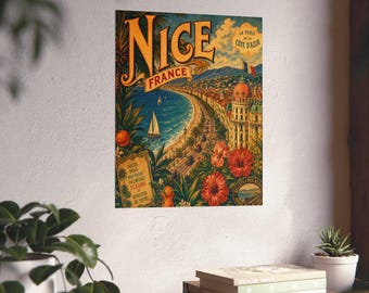 Nice France Vintage Travel Poster Matte Vertical Poster | French Riviera Beach Wall Art