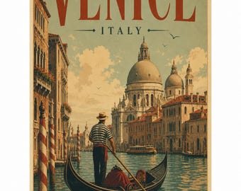 Digital Print | Venice Italy Vintage Travel Poster Matte Vertical Poster | Gondola Canal Art