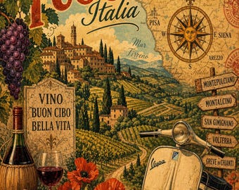 Digital Print | Tuscany Italy Vintage Travel Poster Matte Vertical Poster | Italian Wine Vespa Landscape