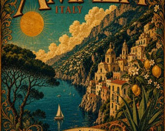 Digital Print | Amalfi Coast Vintage Travel Poster Matte Poster | Italy, La Dolce Vita