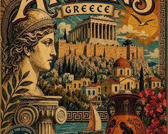 Digital print| Athens Greece Vintage Travel Poster Matte Vertical Poster | Hellas Acropolis Illustration